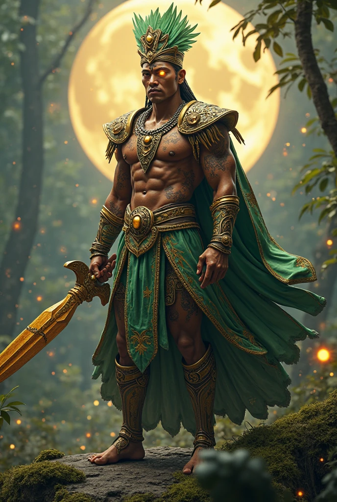 Orisha Black Man, warrior, shorth hair, blue clothing, holding a medieval sword raised in the hand with the tip pointing upwards, in a green field.