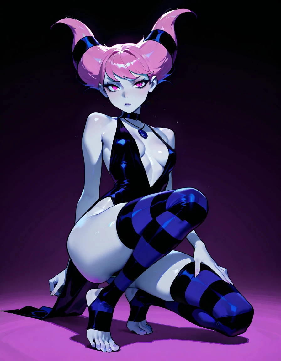 <lora:Jinx:0.8> JINXXX, 1girl, solo, breasts, looking at viewer, blush, smile, short hair, thighhighs, gloves, cleavage, bare shoulders, twintails, medium breasts, collarbone, pink hair, choker, black gloves, elbow gloves, artist name, black thighhighs, fingerless gloves, pink eyes, leotard, colored skin, black leotard, wide hips, grey skin
