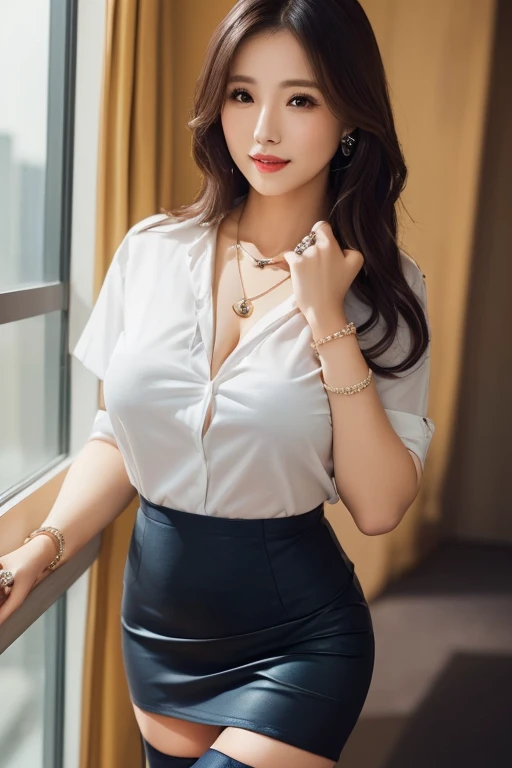 ((highest quality、masterpiece、Ultra-high resolution、8K、UHD))、1 girl、Delicate face、Detailed eyes and face、double eyelid、Pretty Face、Tall and beautiful woman、Long, slender legs、Slim and stylish、bewitching and sexy woman、Obscene、Erotic、(Semi-transparent shirt with collar:1.2)、(Slim Abs:1.2)、(Floral print skirt:1.3)、(Shiny silk pantyhose)、High heels、Cleavage、Modern architecture in the background、Detailed Background、Tiffany Necklace、Earrings、bracelet