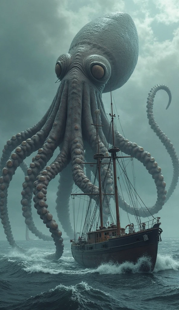 Make a drawing with lines as if they were engravings from an old book and in black and white of a giant squid wrapping around an old shipwreck at the bottom of the sea with a treasure chest
