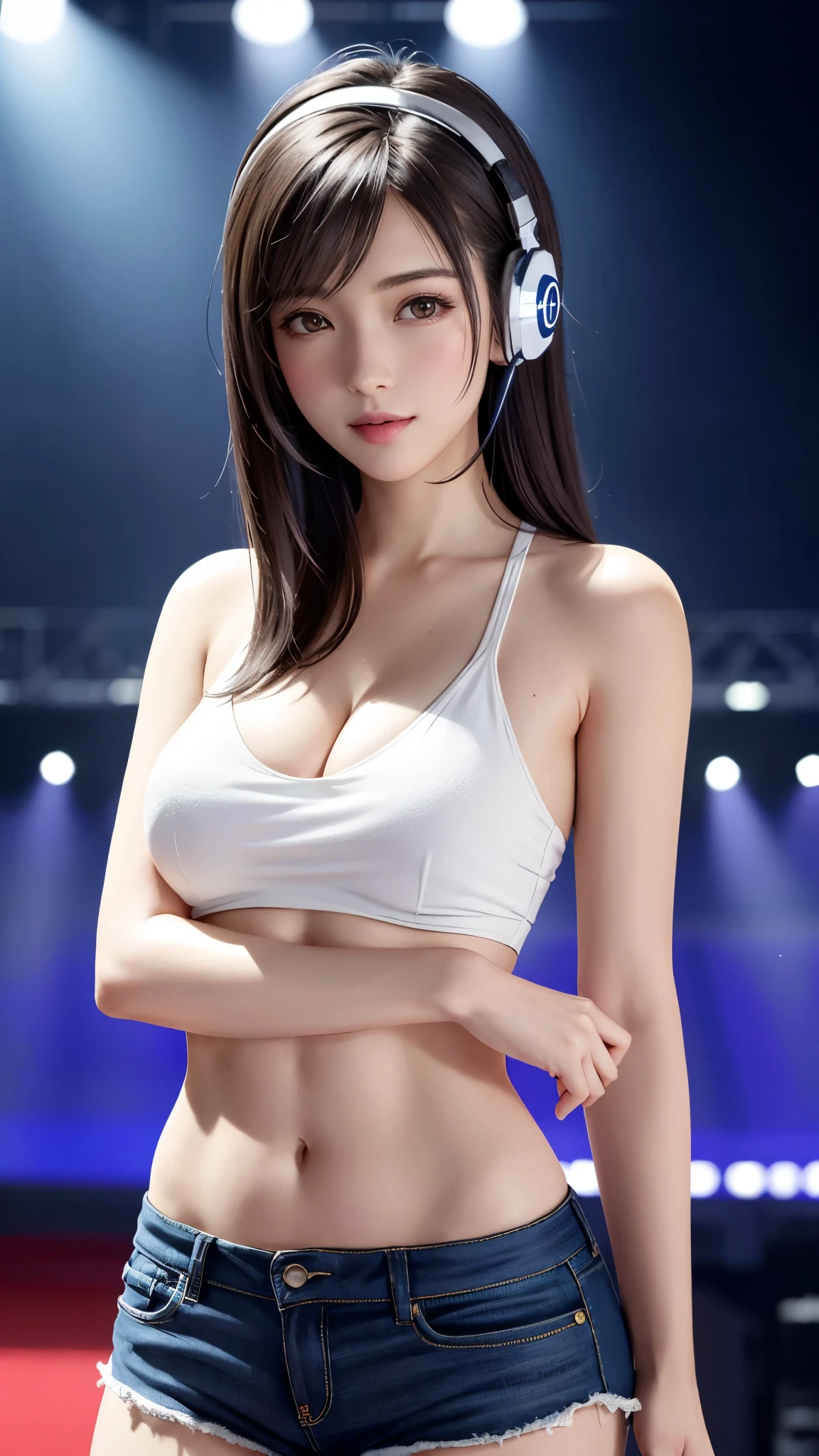 {Top Quality, Masterpiece}, (Realistic: 1.3), BREAK {{{FF7, Tifa_lockhart, solo}}},(crowd of men:1.7), BREAK Ultra-detailed face, Detailed RED eyes,{Dark Brown Hair, Large breasts},{{{A dark, disco club, she is a disc-jockey, table, indoor}}}, BREAK (wearing micro shorts, white tube top:1.5, glowing headphones), clothed:1.2, (No Bra) ,(shiny oiled skin: 1.1), about 18 years old, {{erotic eyes, erotic mouth, erotic face}}, she is wearing a Shining head-phone:1.3, gravure pose