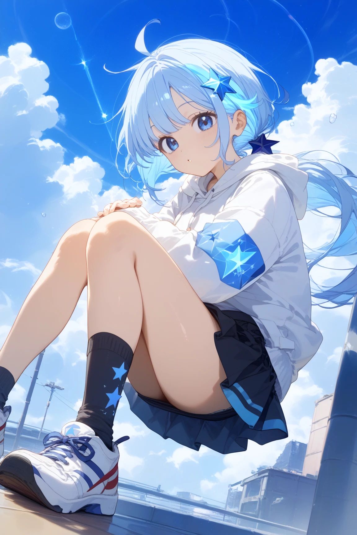 Blue sky,Girl in sportswear in blue and white