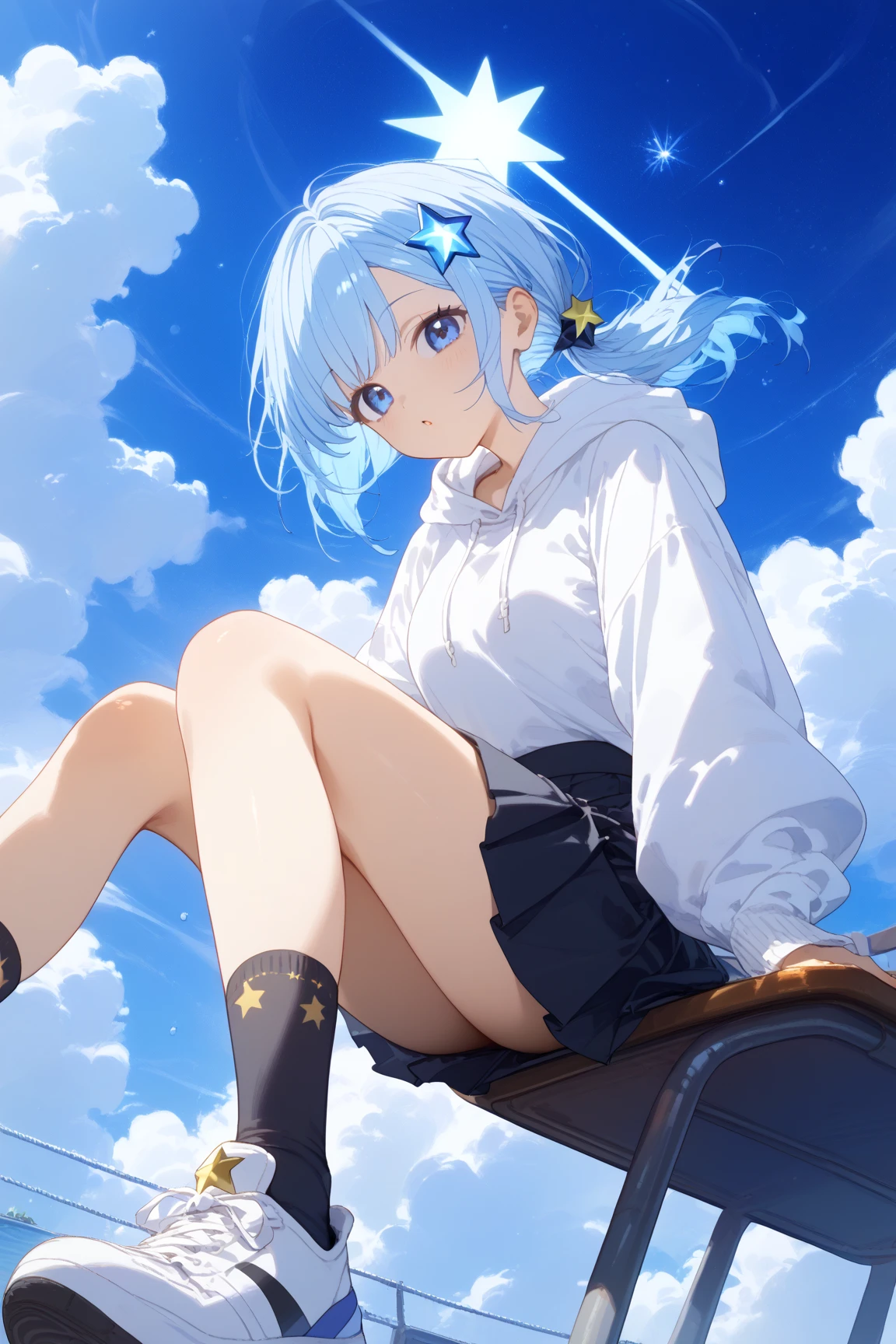 (Highest qualityのイラスト:1.2), (pretty girl:1.1), (1 girl、、Highest qualityのイラスト:1.2), (1 girl、smile、slightly bigger eyes)、Bright blue hair、Short Bob Hair、(Highest quality、Very detailed、Very detailed and beautiful、Ultra-high resolution) 、,{White shirt、Grey pleated skirt}, from below