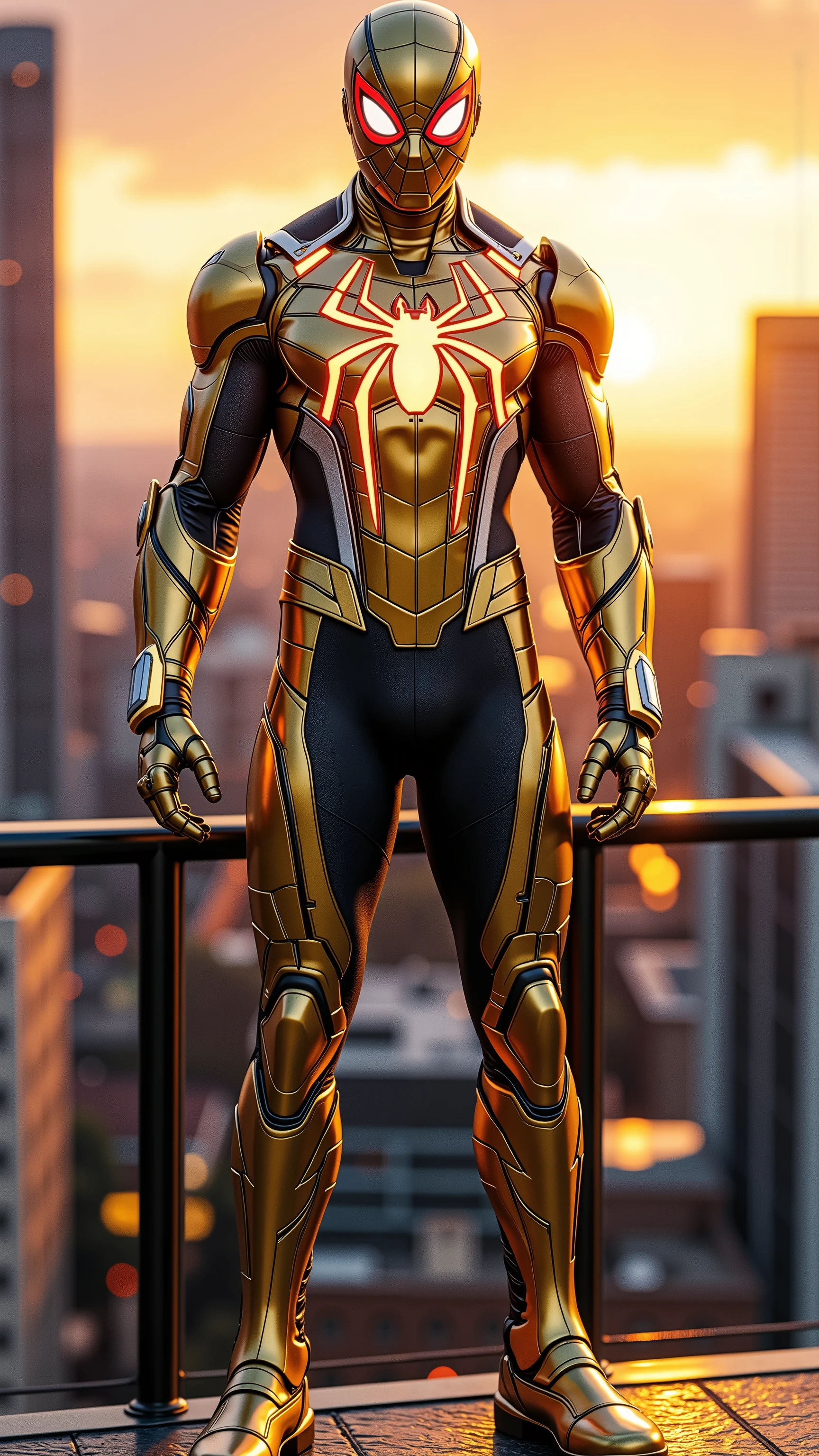 "Full-body shot of a Spider-Man in radiant golden cyber armor with intricate engravings, glowing red eyes and spider emblem, no hood, head fully visible, standing from head to toe, full body in frame, entire figure centered, rooftop sunset background, ultra-realistic, 8K, cinematic style"