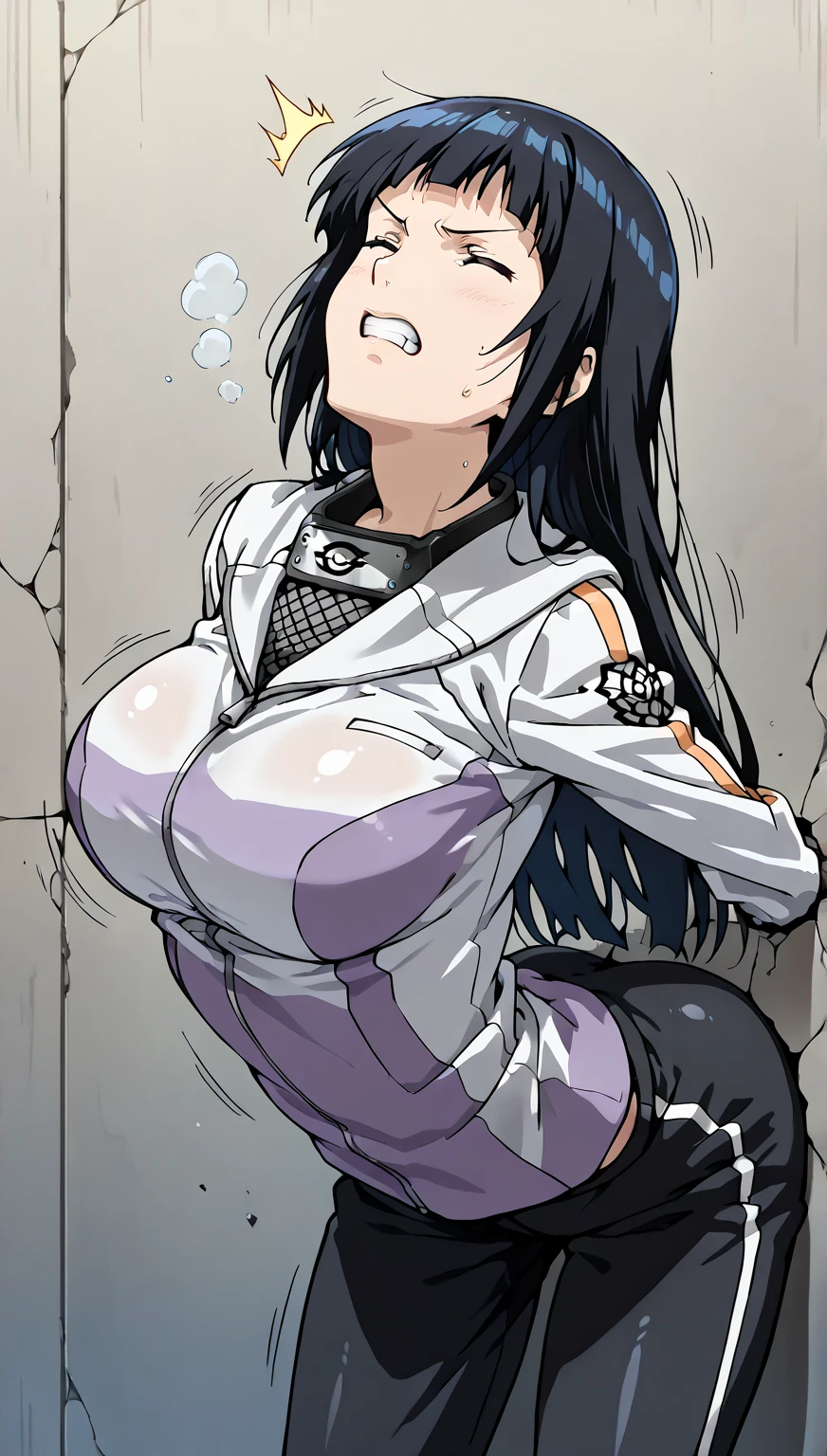 masterpiece, absurdres, 1girl, hinata\(shippuden\), solo,hooded jacket, fishnets, looking at viewer, floating hair, wind, blue pants, (Best Quality), length hair, large , breastsund, Bondage, (arms back:1.4), BDSM, tape, TAPE BOND close-up, srestrbest anatomy, Curled up, scared face, crying, Upper body, blushing face, humiliation, desperate, (front), (men touching her ), touching nipples, pov hand squeezed nipplk dripped from her nipples,lks her