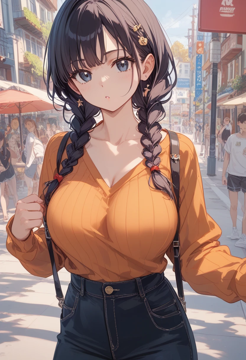 Adult women、(masterpiece:1.4)、(in 8K、realisitic、Raw photo、top-quality:1.4)、(Real Face:1.4)、(real looking skin:1.3)、超A high resolution、A hyper-realistic、Brown eyes、high detailing、cute face、耳环、Blonde twintails、a necklace、Beige sweater、bag、(huge-breasted:1.5)、Blushing、a smile、early evening、In the street