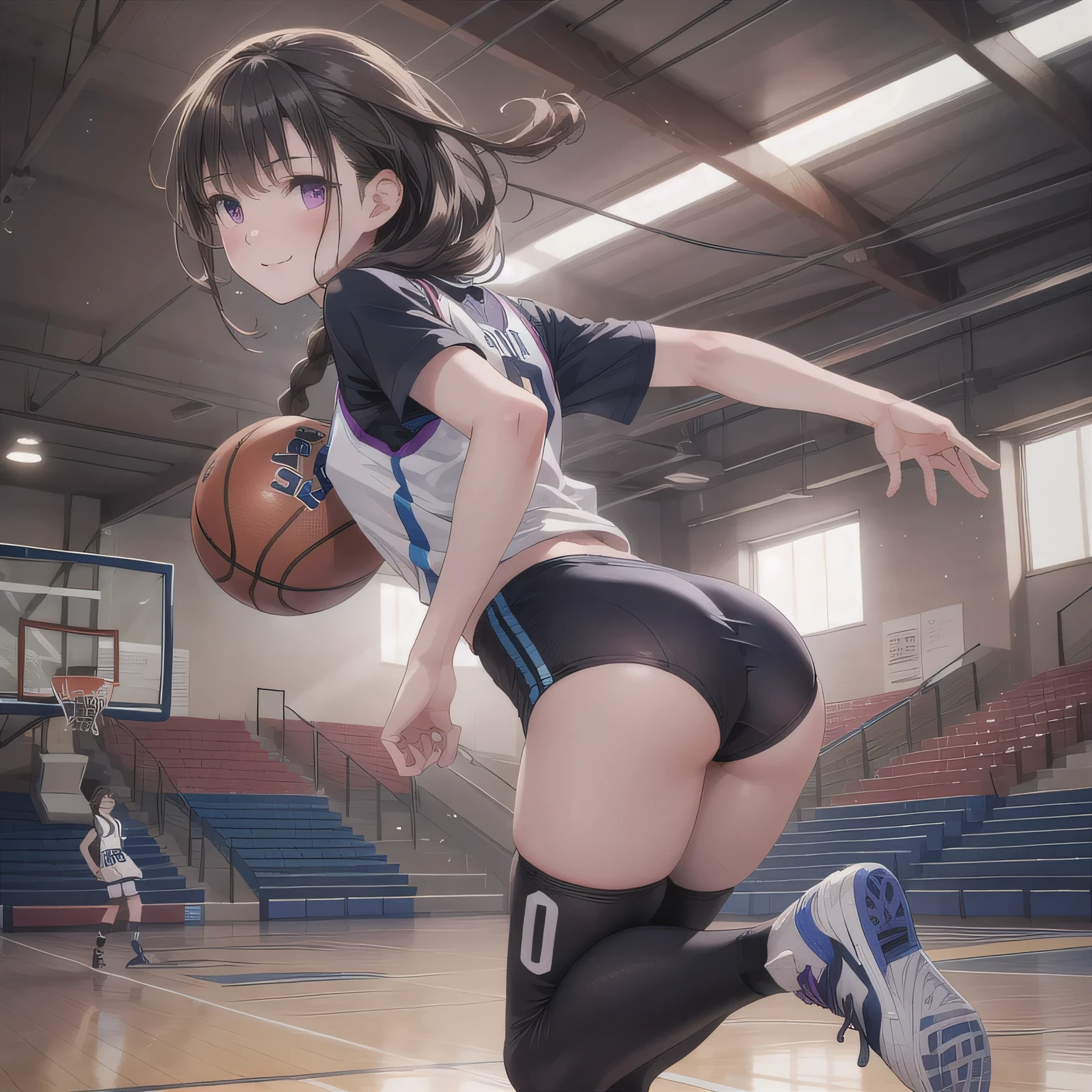 a young woman, naked, playing basketball, large buttocks, focus on anus, (best quality,4k,8k,highres,masterpiece:1.2),ultra-detailed,(realistic,photorealistic,photo-realistic:1.37),beautiful detailed eyes,beautiful detailed lips,extremely detailed eyes and face,longeyelashes,hyperrealistic,3d,highly detailed,intricate details,volumetric lighting,cinematic lighting,dramatic lighting,cinematic composition,dynamic pose,action shot,athletic,sports,basketball court,sweat,glowing skin,smooth skin