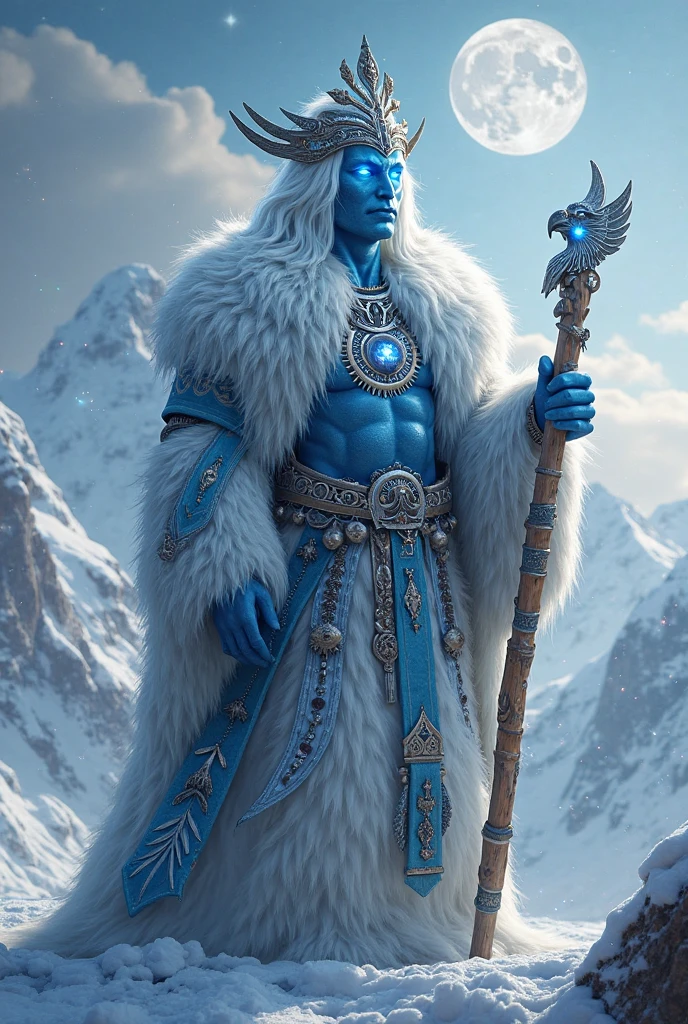 (best qualityer,4K,8K,highres,master part:1.2),ultra detali,(realisitic,fotorrealisitic,fotorrealisitic:1.37),White-haired tattooed Viking shaman,has bright blue tattoos,illustration,Kuno,fierce expression,weathered face,blue war ink,body covered in intricate tattoos,Sharp facial features,muscle building,wielding a magical staff,glowing runes,standing in a snowy landscape,Snow falling gently from the sky,blizzard in the distance,fur cape flowing in the wind,Determined posture,ice crystals forming on your bare chest,swirly vibrant colors,powerful aura,mythical creatures in the background,capturing a moment of her invoking the forces of nature,Exuding strength and wisdom. Magical glowing blue eyes and magical sparks around