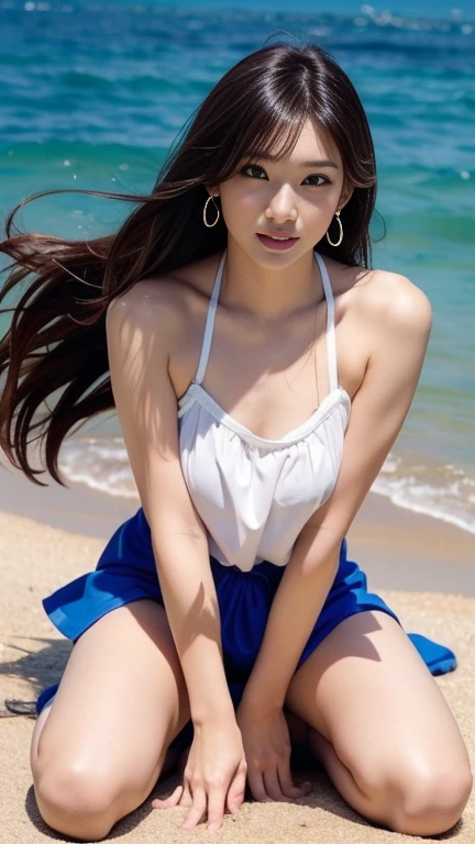 (masterpiece, Highest quality:1.2), 8K, Young and beautiful girl, Exquisite portrait of a beautiful and perfect woman, Wearing a thin tank top and a denim mini skirt, Illuminated by the sunlight, Sandy beach with crystal clear water in the background. This landscape exudes a sense of tranquility and relaxation., Capturing the essence of a carefree summer day. Very detailed, Fluid rendering inspired by the work of John Singer Sargent and Joaquin Sorolla. In the technical specifications、4K UHD images are required to bring out the vivid colors and textures of the scene。
