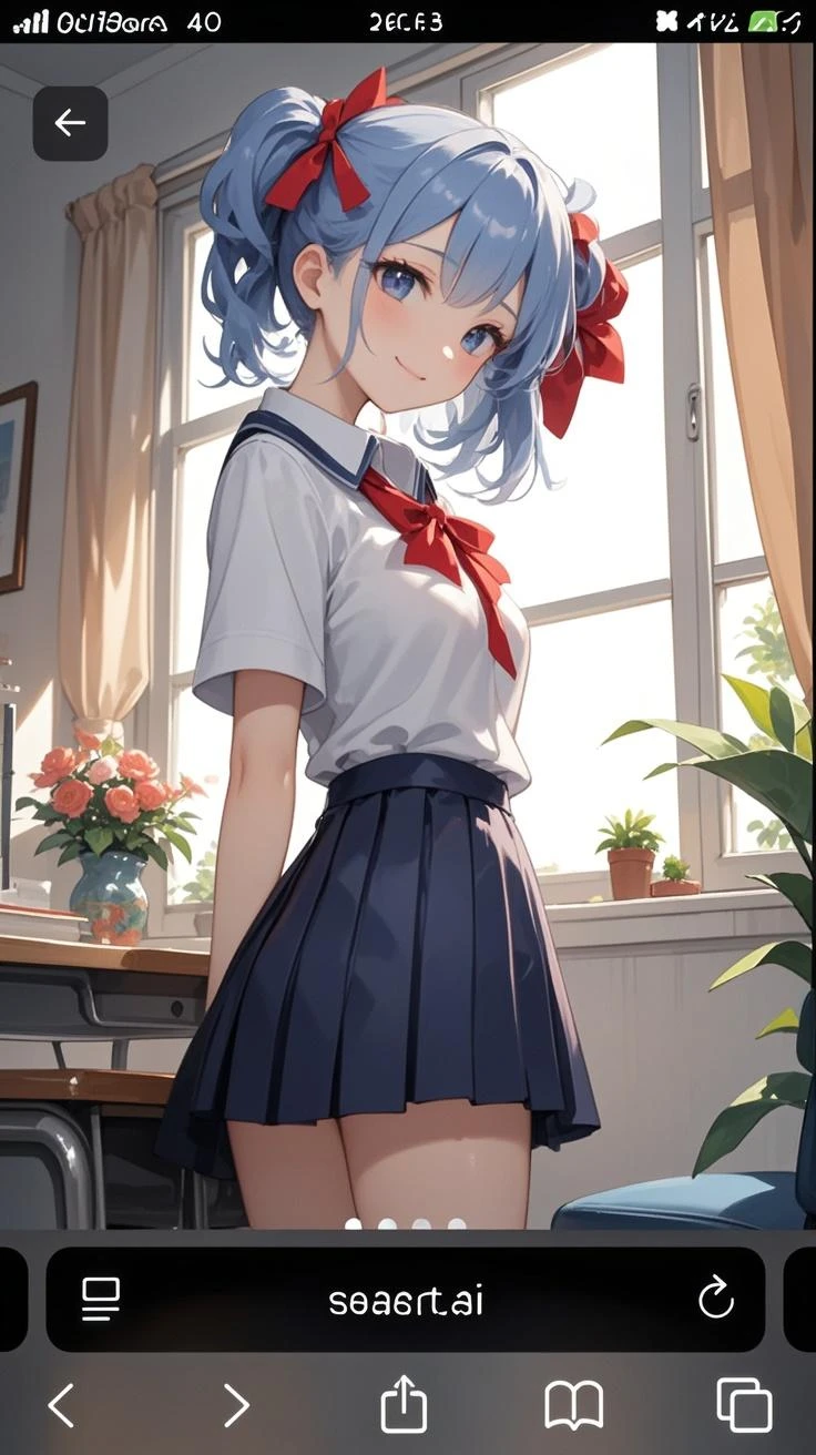 (8K、Top image quality、top-quality、​masterpiece)、1 loli、Light blue hair、(Twin-tailed)、Red eyes、laugh、Smaller chest、white  shirt、shortsleeves、standing in navy blue pleated skirt、cowboy  shot、Taken from below、blue open sky、Classroom Background