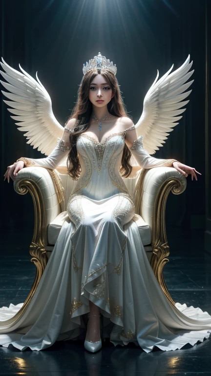 Beautiful woman in very long translucent satin dress andwith angel wings