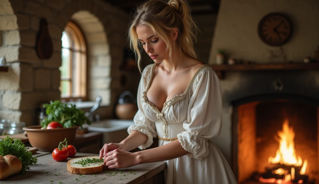 a girl in a light unbuttoned linen shirt. cooks scrambled eggs in a frying pan, breasts and juices are visible. inside the old village house by the window. Slavic appearance, blonde, blue eyes.