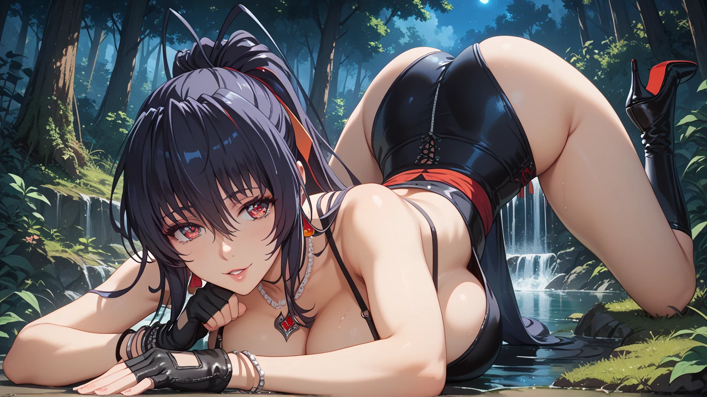 1female,36 years old,Huge breasts, 独奏, Transformers, Head flower,Red cyberpunk style,coniferous forest, She has long flowing hair, Bare genitalia, Lying on the ground,Bigchest,Wet straight hair,Sweat profusely,drenched all over the body, Lateral face, hair straight, mostly cloudy sky,(((tmasterpiece),(Very detailed CG unity 8K wallpaper),best qualtiy,cinmatic lighting,detailed back ground,beatiful detailed eyes,Bright pupils,(Very fine and beautiful),(Beautiful and detailed eye description),ultra - detailed,tmasterpiece,)),facing at camera,A high resolution,ultra - detailed),Beautiful legs and buttocks,Very long hair,legs are open,Emotive expressions,Open-mouthed,Chest sagging,nakeness, Bulge,Expose the genitals,revealing breasts,Camel toes,with no underpants,extremely large bosom,Extremely colorful,Most detailed,fully body photo,The face is well lit