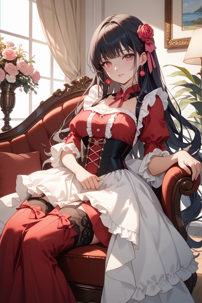 score_9, score_8_up, score_7_up, score_6_up, score_5_up, score_4_up, source_anime, 1girl, sit, black hair, long hair, red eyes, w-w-chain, shackles, clean hair, maid's outfits, thigh high boots, red boots, heels, flowers, windows, sunny, dungeon, close-up, best quality, best res, 4K UHD,
