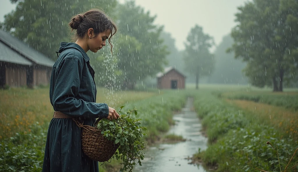 Black Curly bun hair pale skin kurdish girl standing in country raining dirty smiling naughty