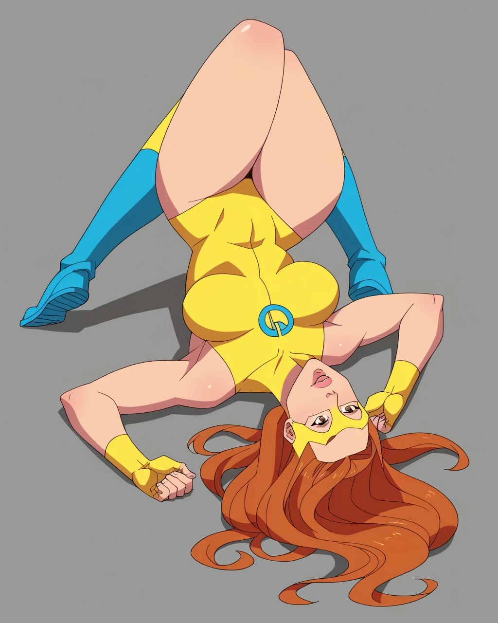 score_9, score_8_up, score_7_up, BREAK source_anime, 1girl, alex \(totally spies\), short hair, yellow bodysuit, belt, evil, butterfly sitting, hotel room, a cartoon of a woman in a yellow outfit posing for a picture, yellow x-man costume, this character has cryokinesis, cell shaded adult animation, full body savage devilman, heroic masculine pose, an epic anime of a energy man, bodybuilder superhero bikini, buizel and human fusion, orange body, hairy orange body, buff female