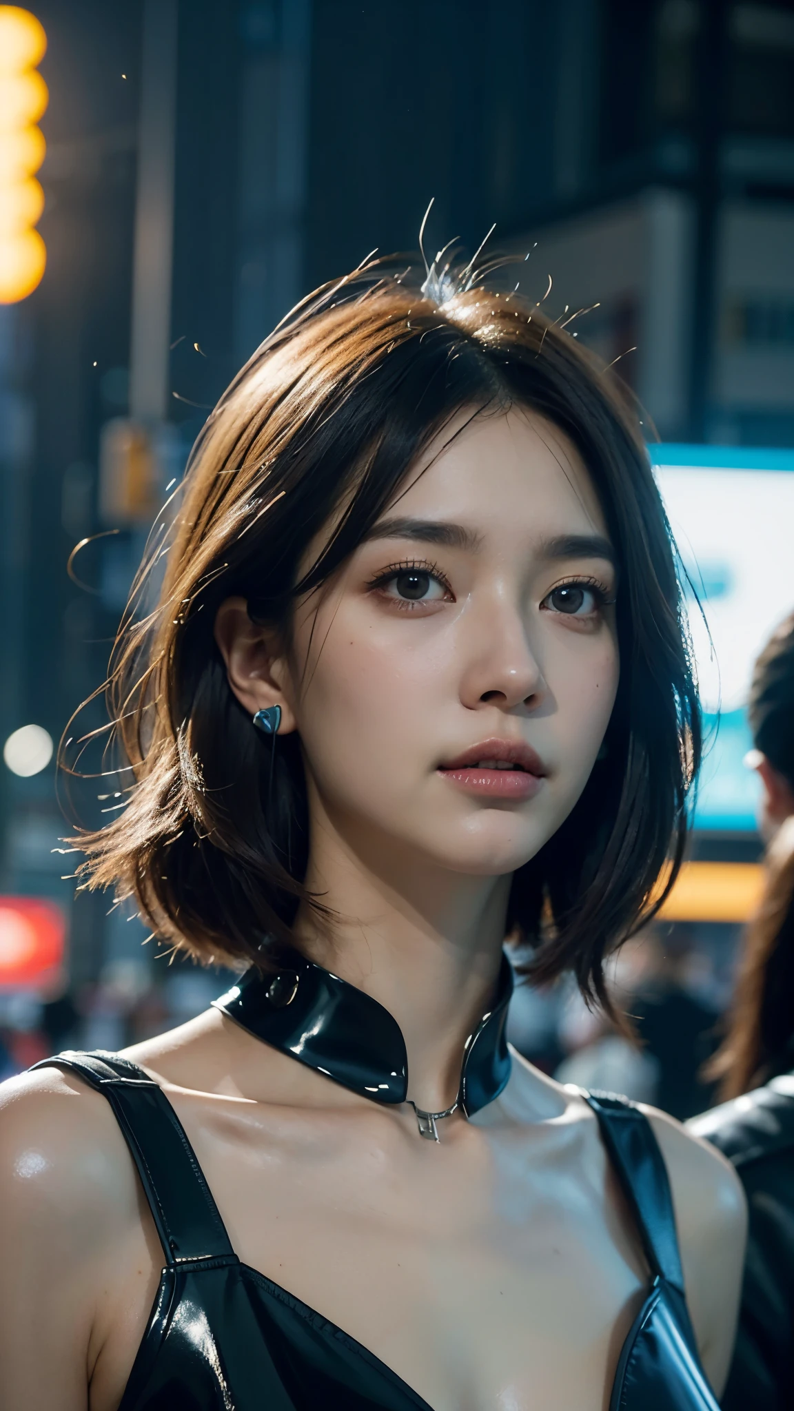 Abstract colours, texture, film grain, skin pores:0. A professional cyberpunk portrait photograph featuring a young Asian woman in a form-fitting black latex bodysuit with yellow robotic shoulder components and technological details. The subject wears turquoise wireless earphones and gazes intensely at the camera against a dark urban nighttime background with blurred city lights. The medium close-up shot employs mixed lighting and shallow depth of field to create dramatic highlights on the latex suit while isolating the subject from the environment. Realistic shaded lighting poster by Ilya Kuvshinov Katsuhiro, Magali Villeneuve, Artgerm, Jeremy Lipkin and Michael Garmash, Rob Rey and Kentaro Miura Style, trending on art station. Blade Runner 2049, punk hairstyle, Change the Cabolo style)1.3 (film grain)1.3, Stephen Martinil Vadim Kashin Simon Stalenhag Michal Kalchi Ismail Inoglu