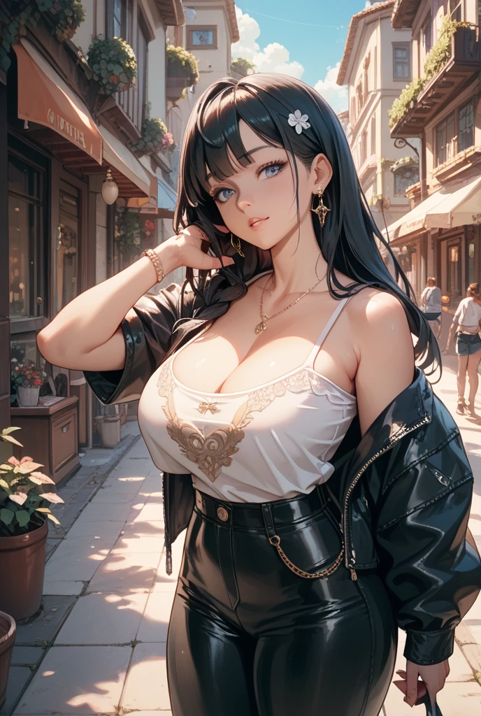 masterpiece, best quality, 1girl, (sayuri), long hair, (whore outfit), (crop tops), white shirt, sleeveless, short shorts, smiling, blushing, BREAK masterpiece, best quality, parted lips, beautiful lips, makeup, eyeliner, mascara, glowing skin, mature figure, voluptuous body, shiny skin, oily skin, mature women, gigantic hanging breasts, from the front, (chromatic aberration, intricate details), dynamic angle, 40K, HDR, highres, nightclub, shiny floor, colorful, ray tracing, perfect lighting, extremely detailed 8k wallpaper, detailed background,