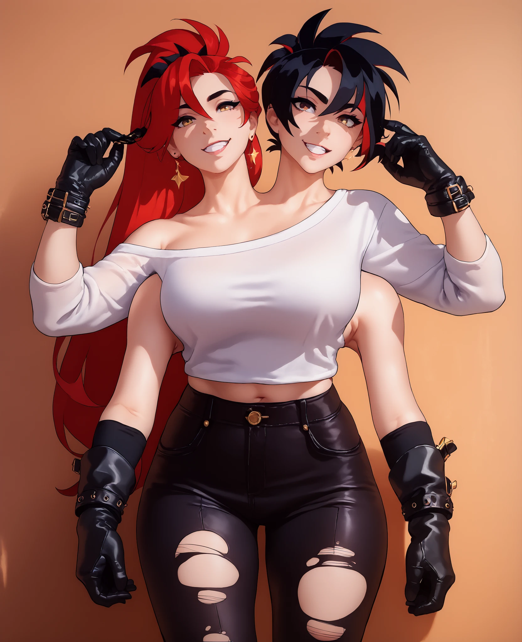 best resolution,anime woman with two heads, gold eyes, different hair colors, red hair, black hair, different hairstyles, different hair-lengths, short hair, long hair, spiky hair, straight hair, hair down, oversized white sweater, one shoulder bare, torn pants, gloves, high leather bootschokers,four arms