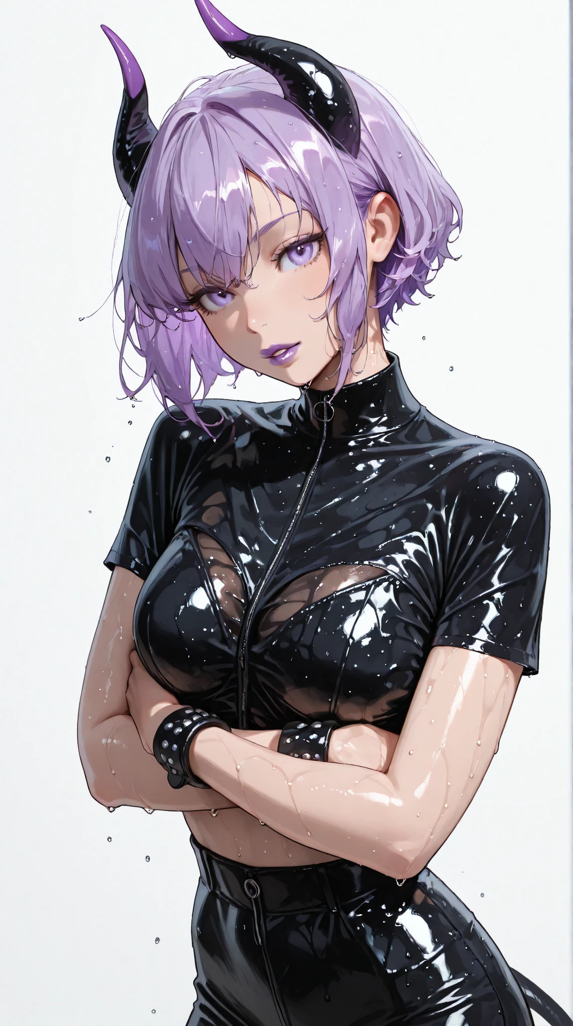 black top, Beautiful girl, purple hair, orange eyes