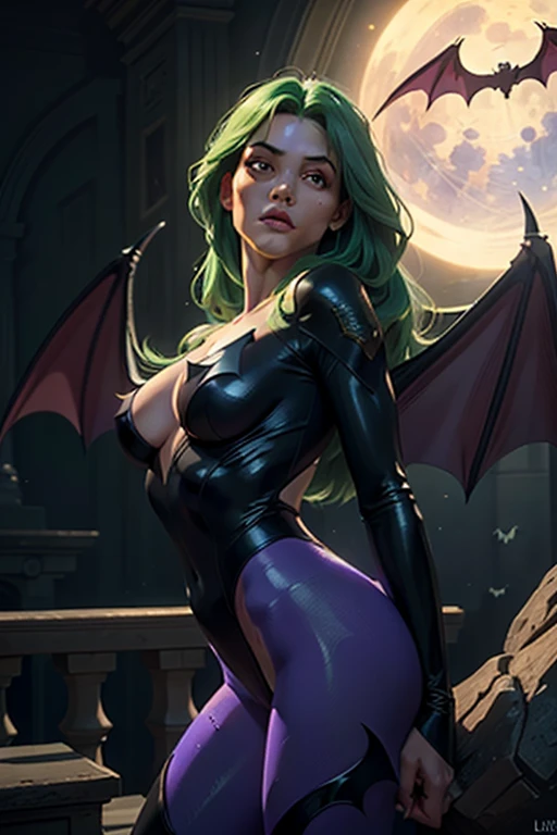 Stormy Daniels as a hyper-giant, Hyper-powerful demon with a demon horn on its head and demon wings, and throws purple lightning bolts at a building, ville en ruine post apocalyptique,