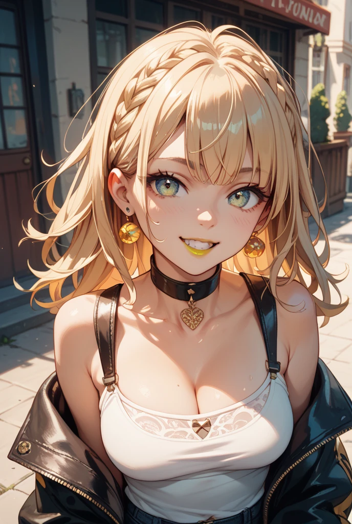 ((highest quality)), ((masterpiece)), (detailed), High resolution、Perfect Face、Detailed Eyes、Depth of written boundary、tongue、Blonde gal、Earrings、Cleavage、Brown skin、(Casual wear)