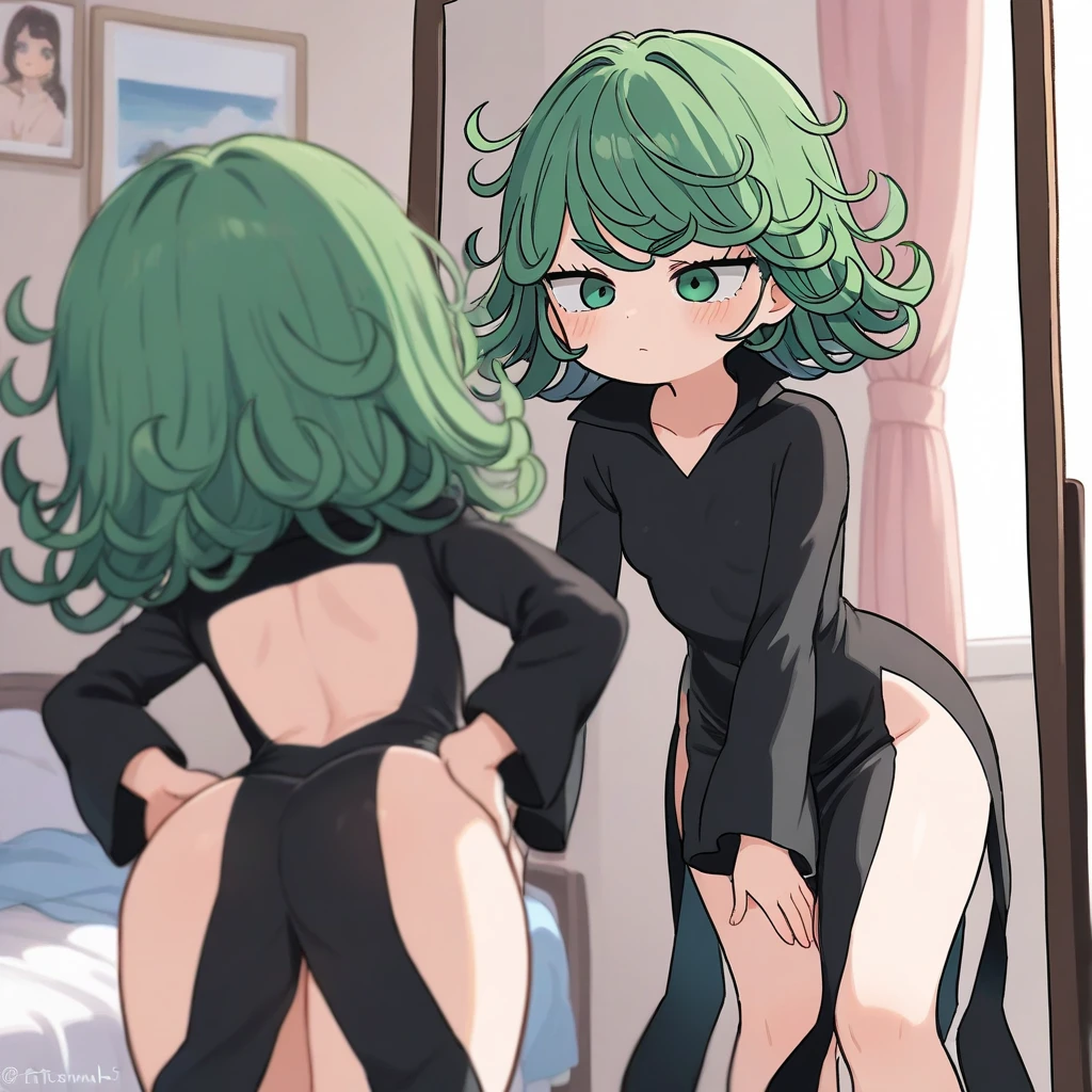1girl, tatsumaki, flat chest, blacked underwear, green eyes, solo, all over her, barefoot, simple background, embarrassed, looking at viewer, turned around, presenting ass, bedroom