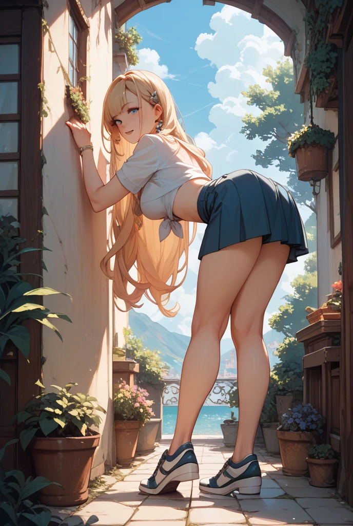 highest quality、4K quality、lean against the wall、Beautiful cleavage、Off-the-shoulder tube knit shirt、Frilled Skirt、Beautiful Style、tall、Small breasts、Bare buttocks、Small Ass、Blonde up ponytail、Shy face、20-year-old female college student、Bare shoulders、grab the skirt、ultra detail eye,Shooting from behind