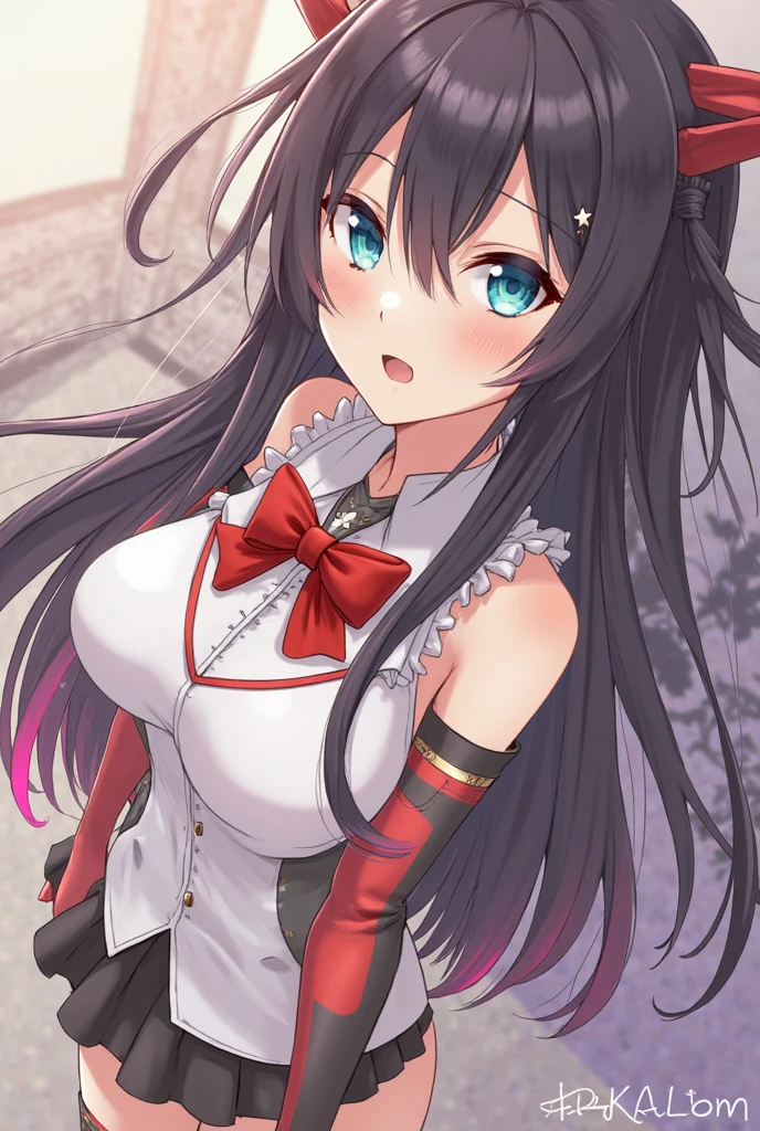 1 girl, Ichinose Fana, 独自of, Chest, 长of_hair, 高抬leg, 紫色of_Eye, garter_Shoulder strap, Split, Smile, 橙色of_hair, watch_exist_audience, two_side_up, 中等of_Chest, sitting, hand_between_leg, clavicle, Alcohol, collar, between_leg, off_Shoulder, blush, labcoexist, Bangs, 模糊of, 棕色of_高抬leg, 波浪状of_hair, skirt, closure_Mouth, 黑色of_高抬leg, Open_clothing, depth_of_Place, red jacket, blue bow tie, 白色skirt, suit,