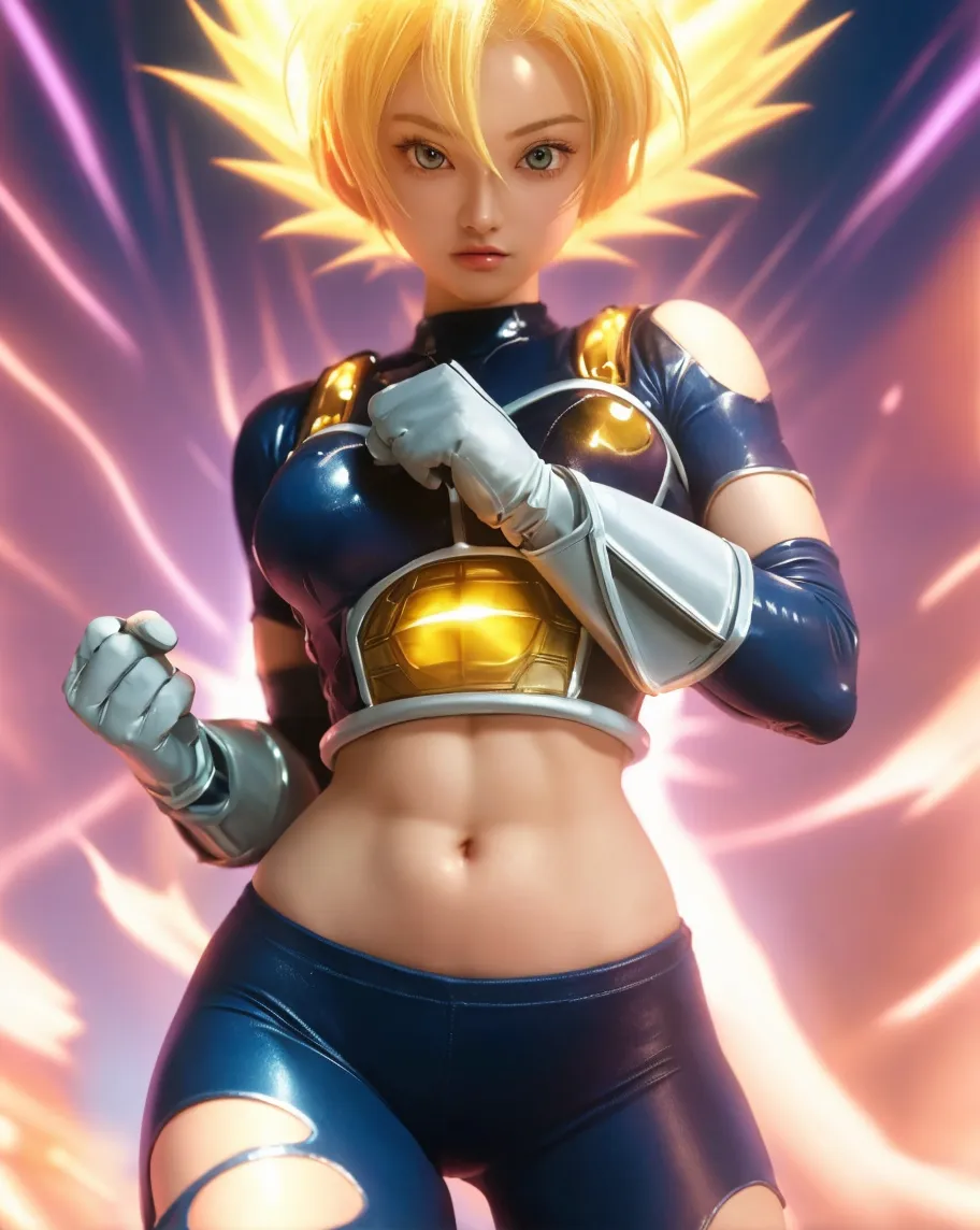 ((Anime kemonomimi Neko-Girl transformed on Super Saiyan golden hair with Goku's outfit extremely tight on her body)), ((Girl with golden cat ears and golden cat tail)), ((emanating super saiyan energy around her body along with wind moving the hair and hair fringe upwards)), ((Full body photo, feet on the ground, straight body, Dragon Ball Anime)), ((Laura/woman, big breasts, extremely beautiful)), ((Hair in a ponytail)), (the hair moving through the waves of energy) {as if it were wind}, ((Super Saiyan Superior Instinct)) {transformed into Super Saiyan}, ((is wearing Son Goku+'s costumes extremely tight on her body)). She's {looking at the viewer, smiling, fists clenched}, (((emanating super saiyan energy around his body along with wind))) high detail, anime, 16k, UHD, retina, retina, accurate, anatomically correct, textured skin, super detail, high quality, award-winning, Her outfit is soaked in water, she's staring at the viewer, smiling, fists clenched, concentrating magical aura, in a front-facing attack pose. Anime Dragon Ball, high detail, anime, 16k, UHD, retina, retina, accurate, anatomically correct, textured skin, super detail, high quality, award winning, one only character