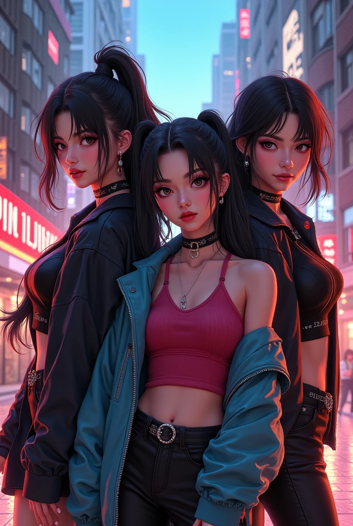 the cyberpunk super powerful girls without being anime and with juliet glasses and with caps and necklaces with a graffitied wall in the background