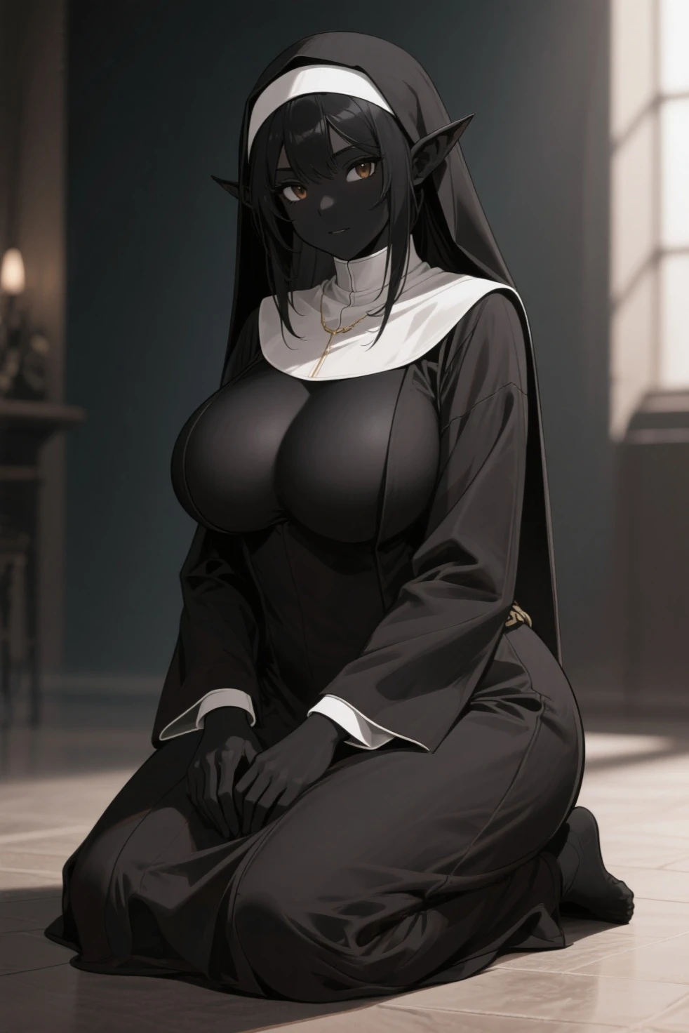 masterpiece, best quality,1girl, (large breasts:1.1),sagging breasts, black hair, gold eyes ,nun, church ,cross necklace ,bodysuit ,shiny cloth ,cummug, gokkun, night,Candle,sitting