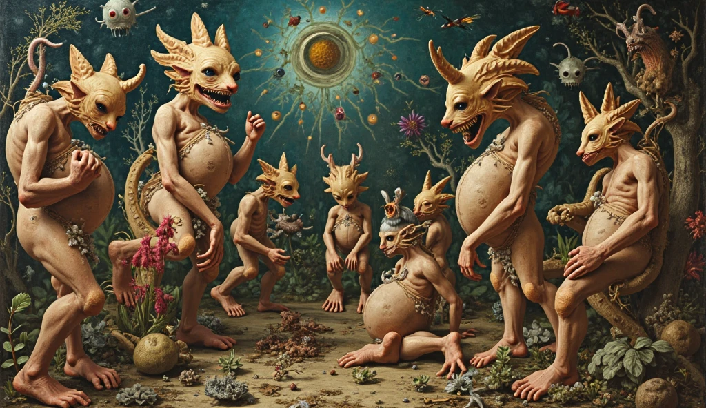 A Fairy Goddess, she is strong, determined and hairy, she mixes the Traits and qualities of a Fairy, a woman, a troll, a goblin and a gremlin, she is terrible and beautiful, her skin is brown . The animals, lions, foxes, bears and wolves bow at his feet. In the style of Hieronymus Bosch