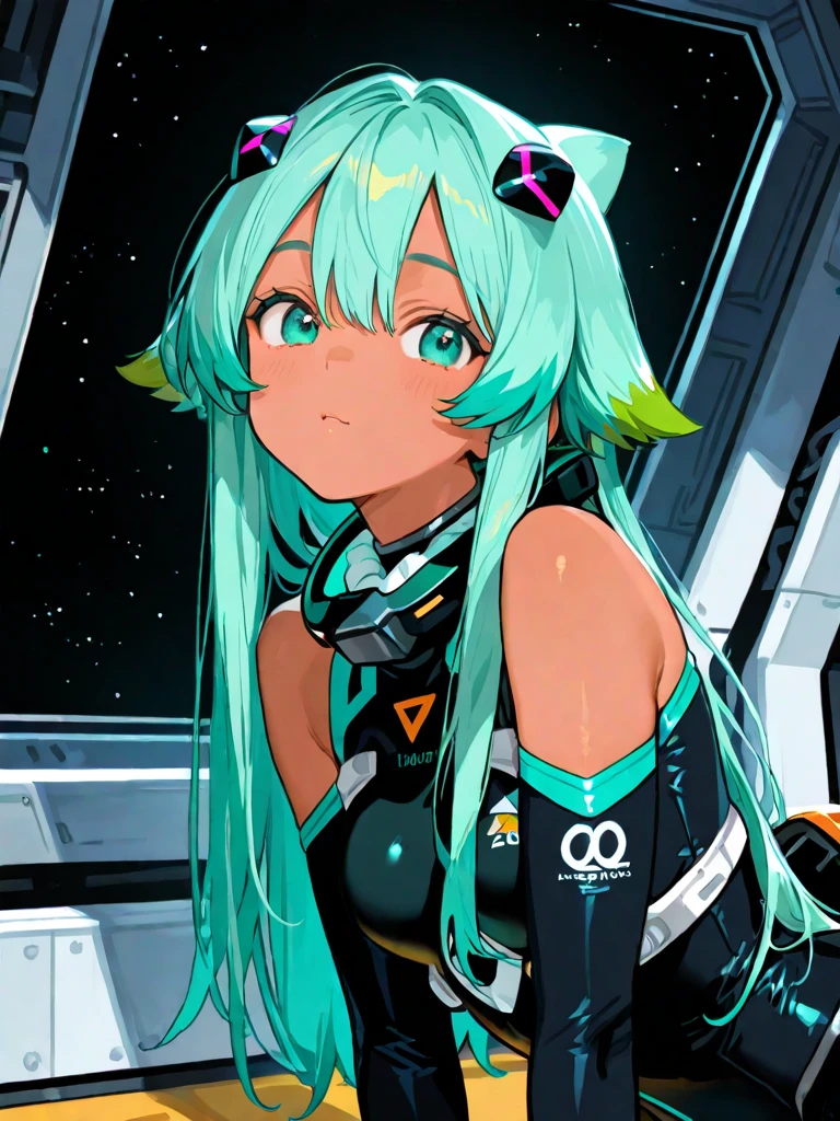 sadness, solo, 1girl, robotic, outer space background, eyes,waist, thighs, retro, hair, arms, hands, cyan, magenta, yellow, masterpiece, by mahiro