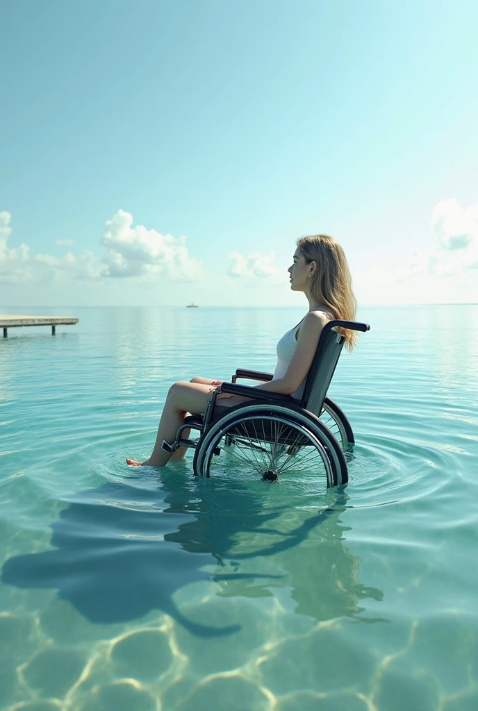 A disabled person on the beach with a parasol
