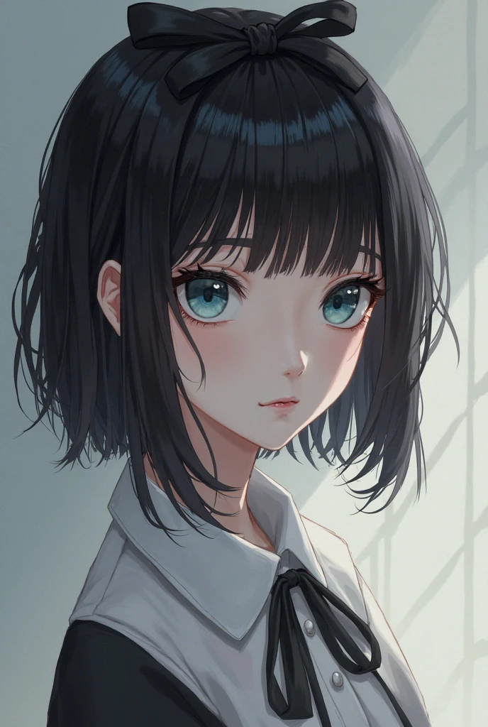 ((masterpiece, highest quality)), (1 girl), (alone), (female focus), night (chainsaw man),(highly detailed face, real image, realistic white skin, realistic body, intricate details), Upper body, Severe , brown eyes, looking at the viewer, bandage over the body, black hair, Long-sleeved shirt, pinafore dress, black tie, bandage, bandage, small breasts