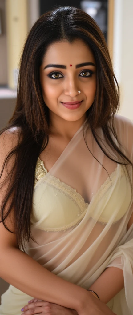 day scene, extreme close up photo of fully naked latina from top view, big cheeks, swooping breasts, chin up, kneeling in a bedroom, maroon see through bra and saree, black hair, armpits, (blue eyes:1), necklace, 30 yo, look at viewer and smile, (cinematic:1.3), intricate details, (ArtStation:1.2)
