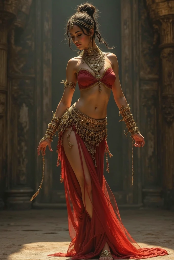 A Japanese belly dancer girl dances by raising both hands while shaking her hips. LARGE BREASTS AND DETAILED CLEAVAGE HOLDING A SNAKE LOOKING DIRECTLY AT ITS FACE