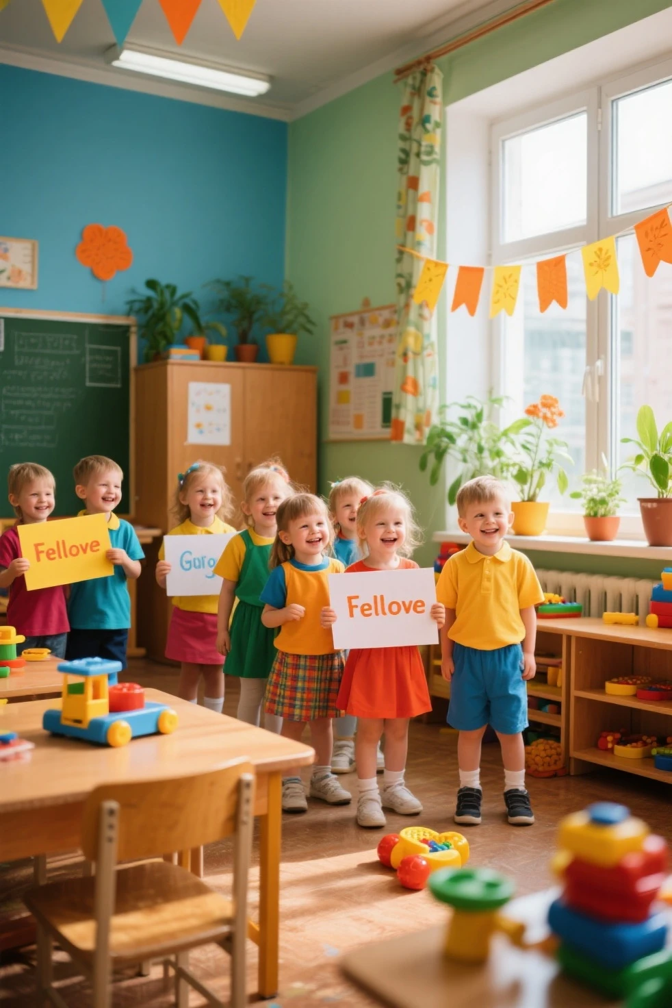 Create an inspiring and engaging image that conveys the idea of investing in children's futures. The image should represent a welcoming and positive educational environment. Include a vibrant classroom environment where 6-year-olds are actively engaged in educational activities such as reading, science, or art. Add elements that suggest growth and the future, like books, globes, and progress charts. The text “Invest in your child’s future: registrations now open” should be prominently displayed, perhaps on a banner or poster, in a friendly, attractive font. Use vibrant colors and an upbeat atmosphere to convey a sense of excitement and opportunity. Children need to be in school uniform with a white t-shirt and navy blue pants.