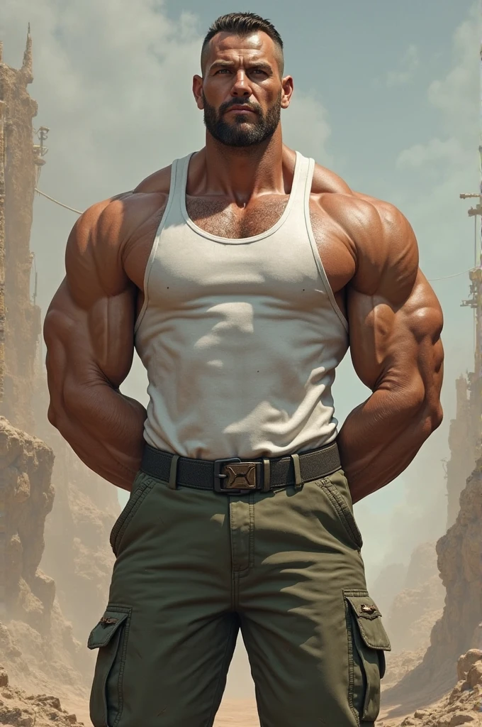 <lora:SIlverjowStyle_FLUX:1.5>
The image is a digital illustration of a muscular man standing in a desert-like landscape with a clear blue sky in the background. The man is shirtless and has a beard and mustache and his body is toned and well-defined. He is wearing black pants and his arms are flexed showing off his muscular physique. His arms are crossed over his  and his legs are slightly bent at the knees. He has a determined expression on his face and is looking off into the distance. The overall mood of the image is intense and powerful.