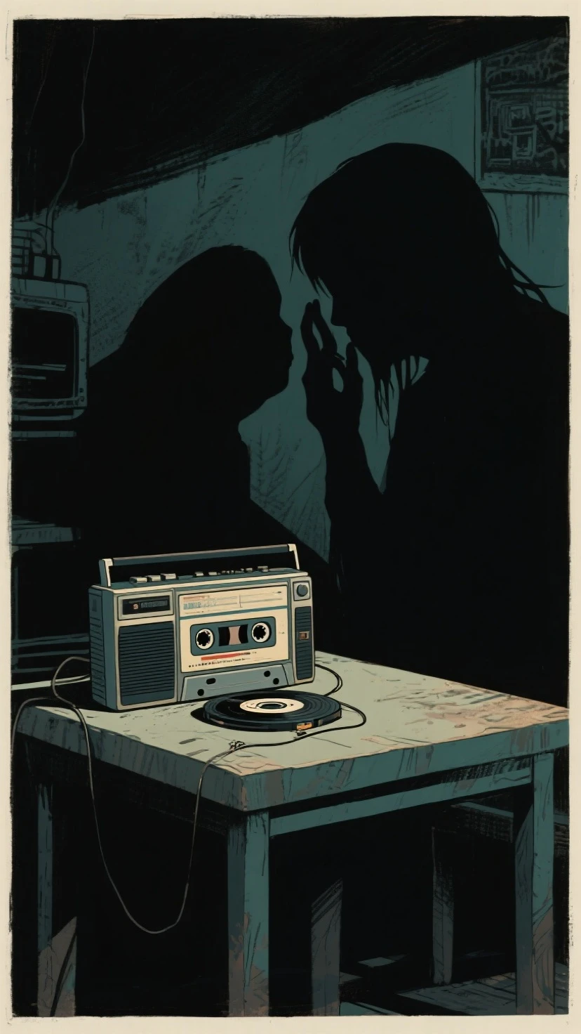 there is a man with a blindfold and headphones on, promo art, album art, headphones, with headphones, noise rock album cover, promo image, darkwave, deep aesthetic, art cover, broken mask, vanitas, beaten tech. neo noir style, analogue horror, album cover, aesthetic shot, with head phones, aesthetic / a riot in mars, heartbreak