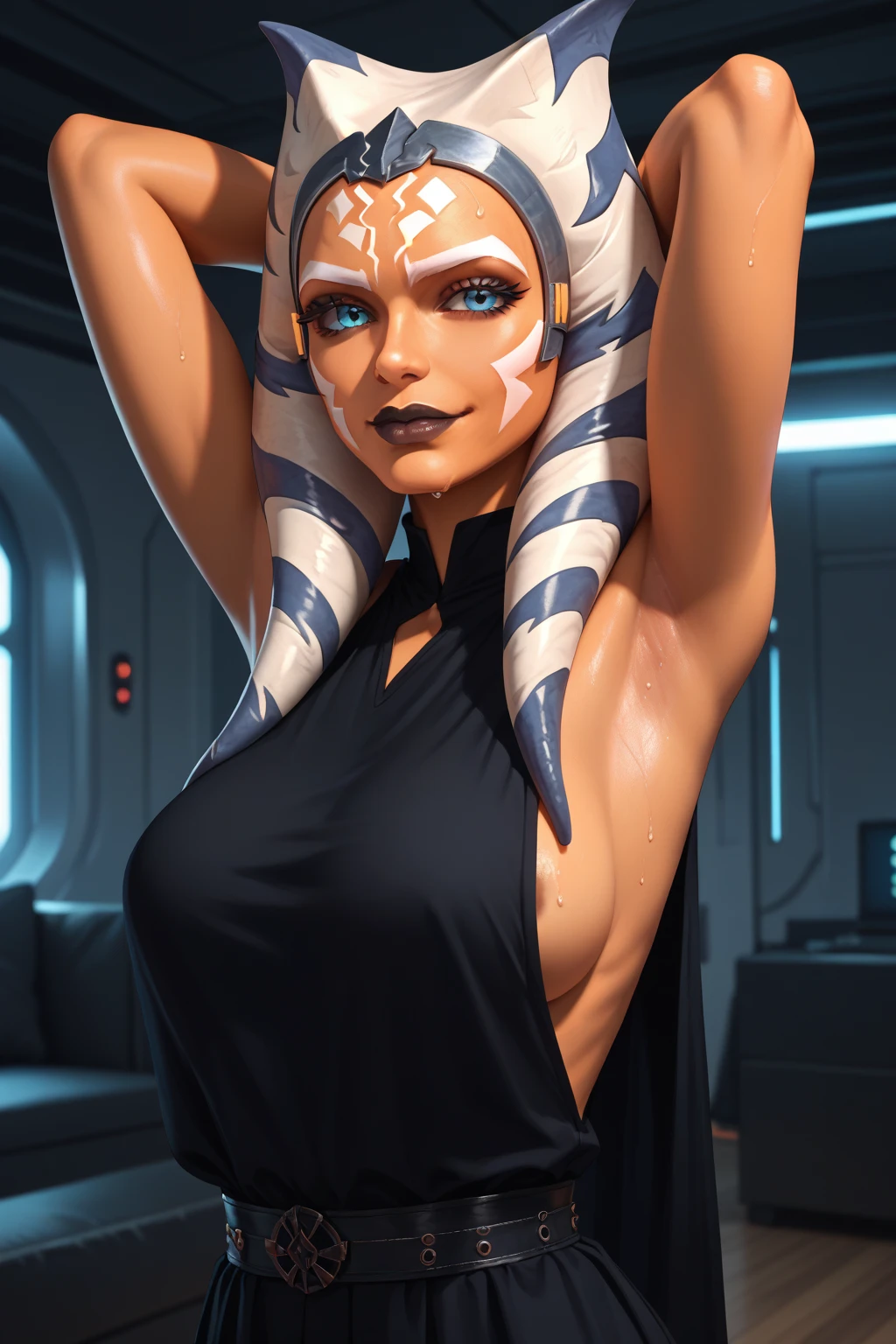 (masterpiece, best quality, ultra-detailed), AhsokaTano, showing pussy, pussy lips, cameltoe, camel toe, nude, naked, no clothes, (orange skin:1.2), blue eyes, makeup, (blue shirt:1.2), hip armor, (portrait shot, upper body), looking at viewer, stance looking like she's going to attack