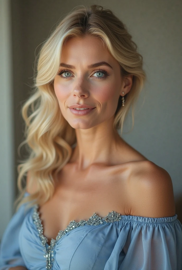 Gorgeous blonde, Sitzen im Privatjet, with a perfect body, teurem Kleid, Champagner in der Hand, lange blonde Haare, big breasts, blaue Augen, sexy pose