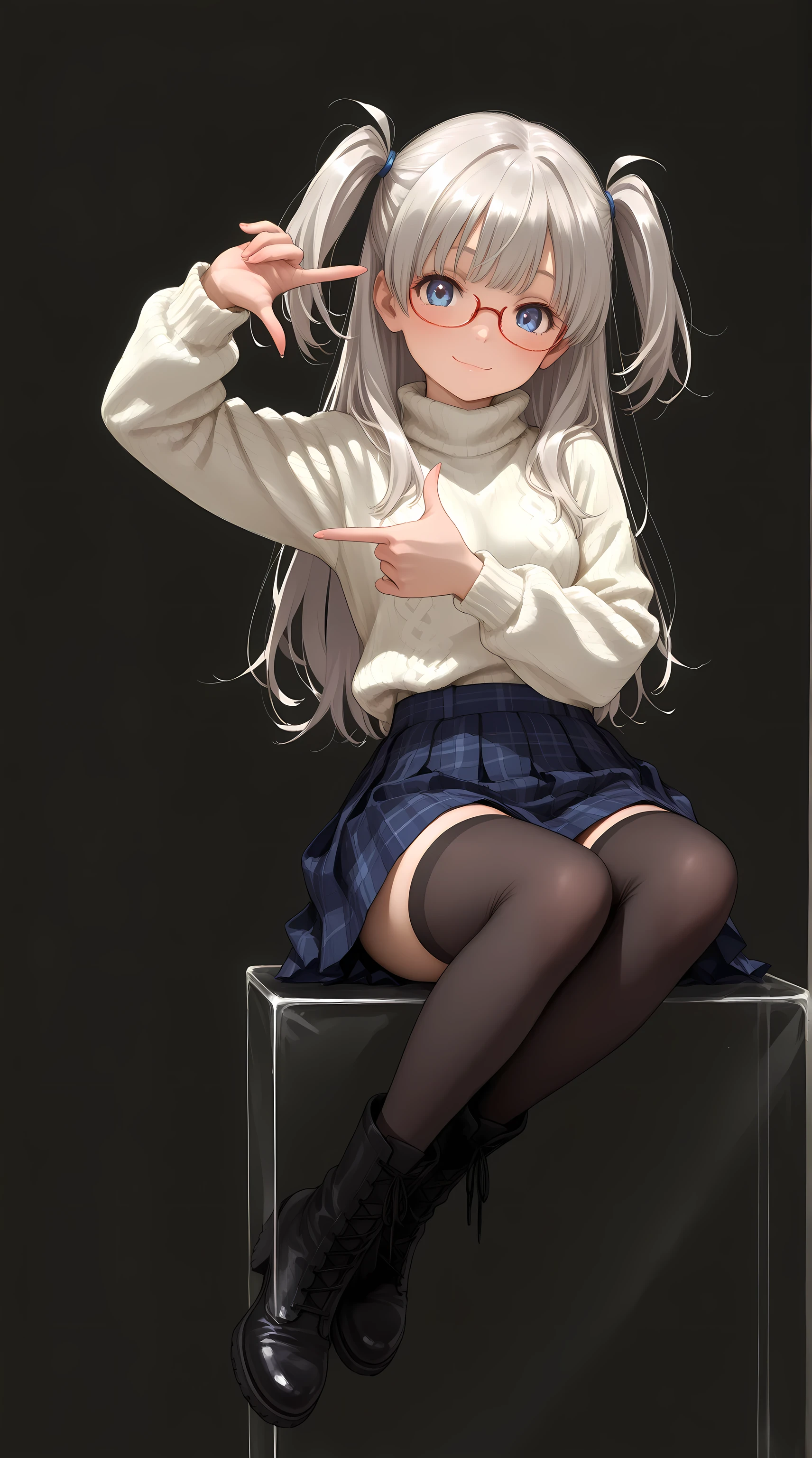 1 girl, full body, sitting on Transparent box, looking at viewer, (finger frame:1.6), petite body, slender figure, small breasts, innocent smile, bright blue eyes,red under-rim glasses, fair smooth skin, rosy cheeks, glossy lips, cute face, big expressive eyes, medium-length silver hair, silky smooth hair, soft front bangs, (twin side up hairstyle:1.3), hair tied up on both sides, loose back hair flowing down, silver hair tie, realistic hairstyle, (white turtleneck sweater:1.5), navy blue plaid pleated skirt, zettai ryouiki, black knee-high boots, youthful appearance, Kyoto Animation, anime illustration, masterpiece, best quality, ultra high resolution, rich contrast, highly detailed eyes, ultra-detailed illustration, very beautiful and delicate anime face and eyes, realistic texture, RAW photo style, (solid black studio background:1.5), soft lighting, (no background:1.3),