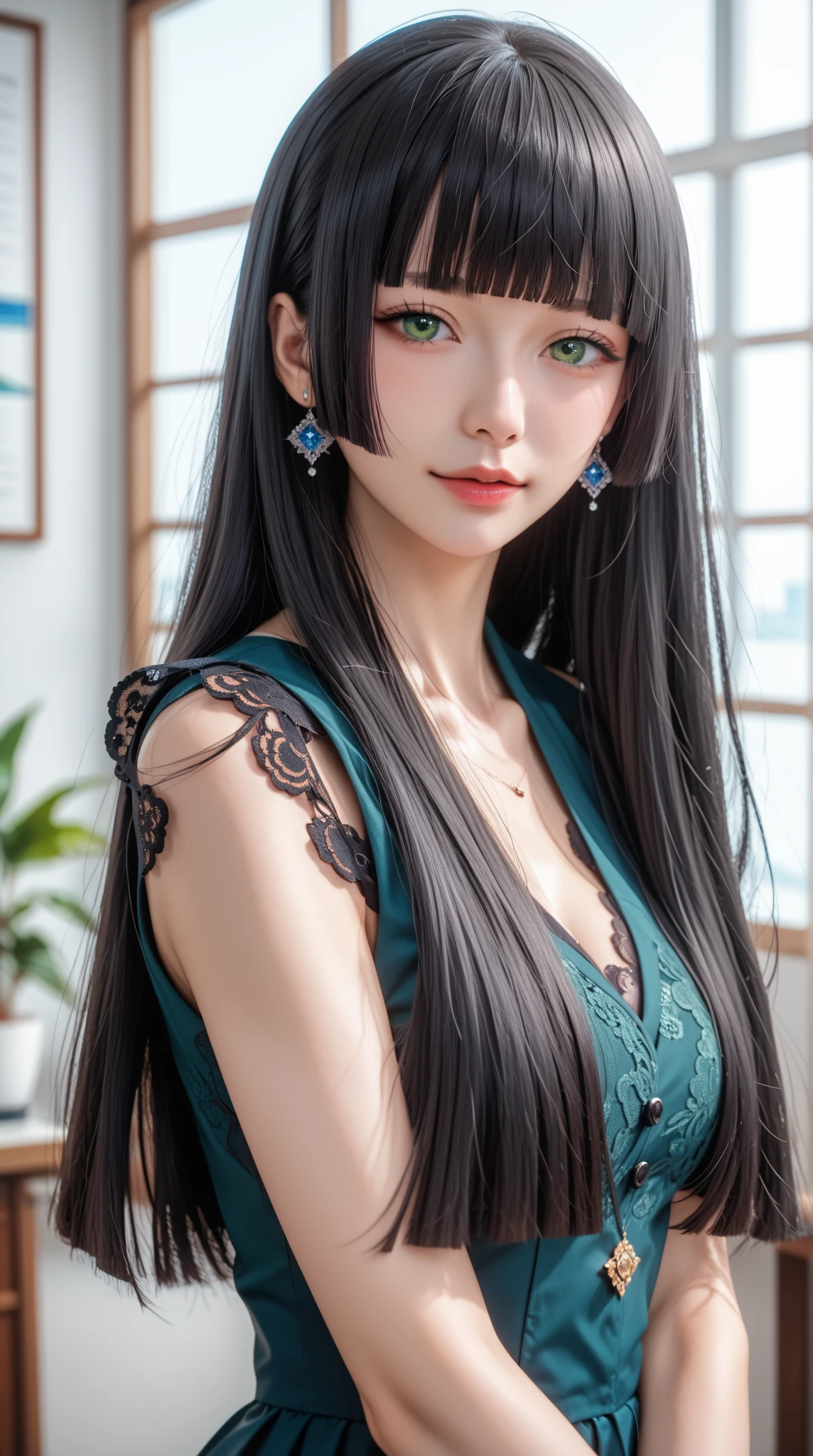 Masterpiece, best picture quality, high quality, beautiful woman, Japanese, popular Korean makeup, detailed, swollen eyes, detailed eyes, detailed skin, beautiful skin, ultra high resolution, (reality: 1.4),very beautiful, slightly younger face, beautiful skin, slender, (ultra realistic), (illustration), (high resolution), (8K), (very detailed) (best illustration), (beautifully detailed eyes), (super detailed), (wallpaper), (detailed face), looking at viewer, fine details, detailed face, pureerosfaceace_v1, smiling, always looking straight ahead, angle from waist up, realistic photo, bright lighting, professional lighting, black hair (some hair is primary color green), long hair green), long hair, dark ruins, gorgeous dress (ruffles, red, black,), mature woman, long stylish bangs,