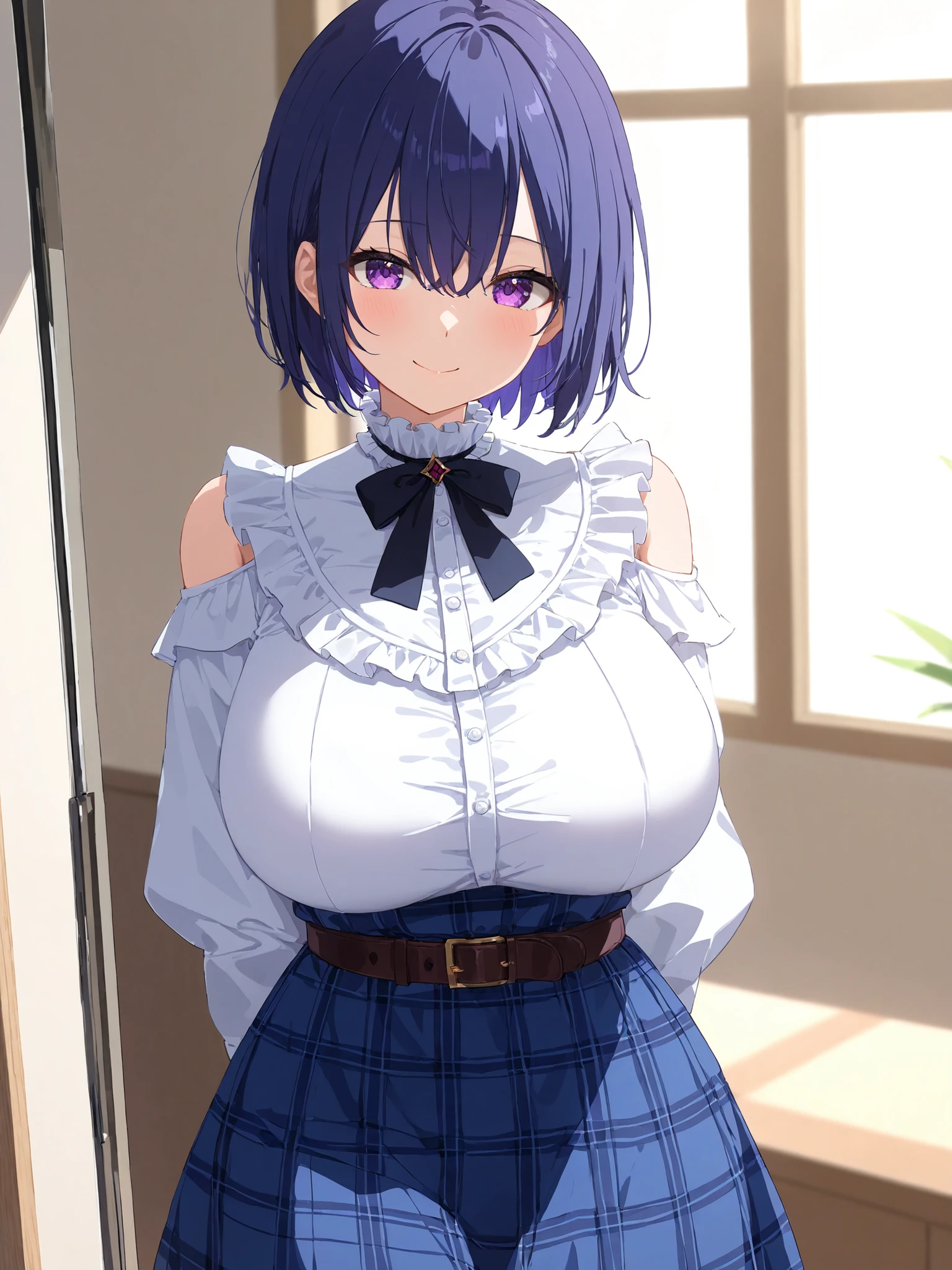 masterpiece, Highest Quality, complicated details, high resolution,
1 woman, solo,
mash short hair, dark blue hair, purple eyes,
huge breast, huge hips, Young face, Short stature,
room, smile, cute pose,
black neck ribbon, white shirt, frilled collar, long sleeves, plaid dress, blue dress, belt, white knee socks, off shoulder,