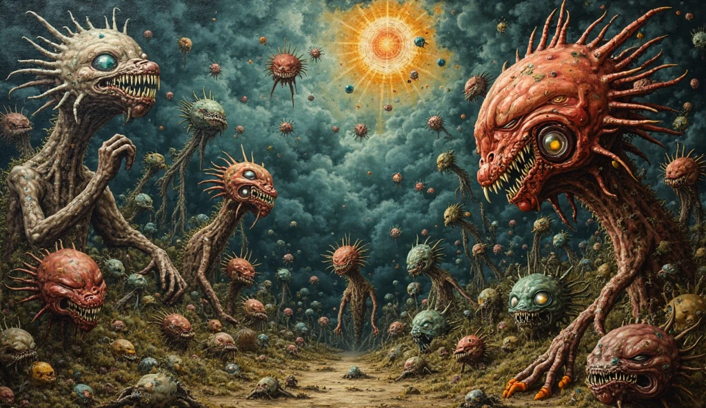 Mobis (Jean Giraud) Style - A picture by Jean Giraud Mobis, The picture shows a large group of dead alien monsters with spiked armor taking a rest, western backdrop in Mobis' signature style with sharp detailing and vibrant colors. Shot with Panavision Panaflex Gold II and Ultra Panavision 70 lenses, The image is full of film grain and low-key lighting,It creates a mysterious and tense atmosphere.