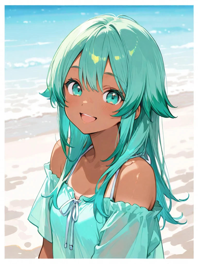 Anime illustration、beautiful girl、woman、The right half is green and the left half is white.、Blue Eyes、White frilly bikini、summer、beach、(split-color hair, green hair, white hair:1.3)