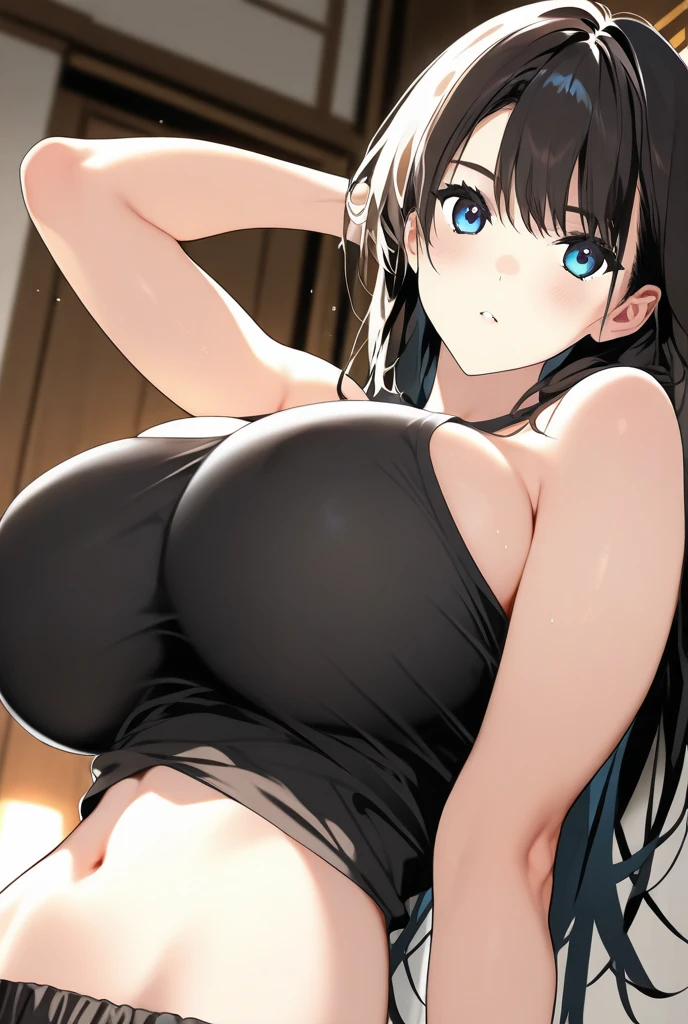 high school girl、beautiful girl、Black Hair、Big breasted body type、glamorous、She is wearing only a white sheer camisole.、Shy expression、Sigh、Thick eyebrows、Erotic atmosphere、Erotic pose、My whole body is covered in sweat、Functional、Immoral、pubic hair、Ecstasy、Moaning with pleasure、On the bed in the bedroom、