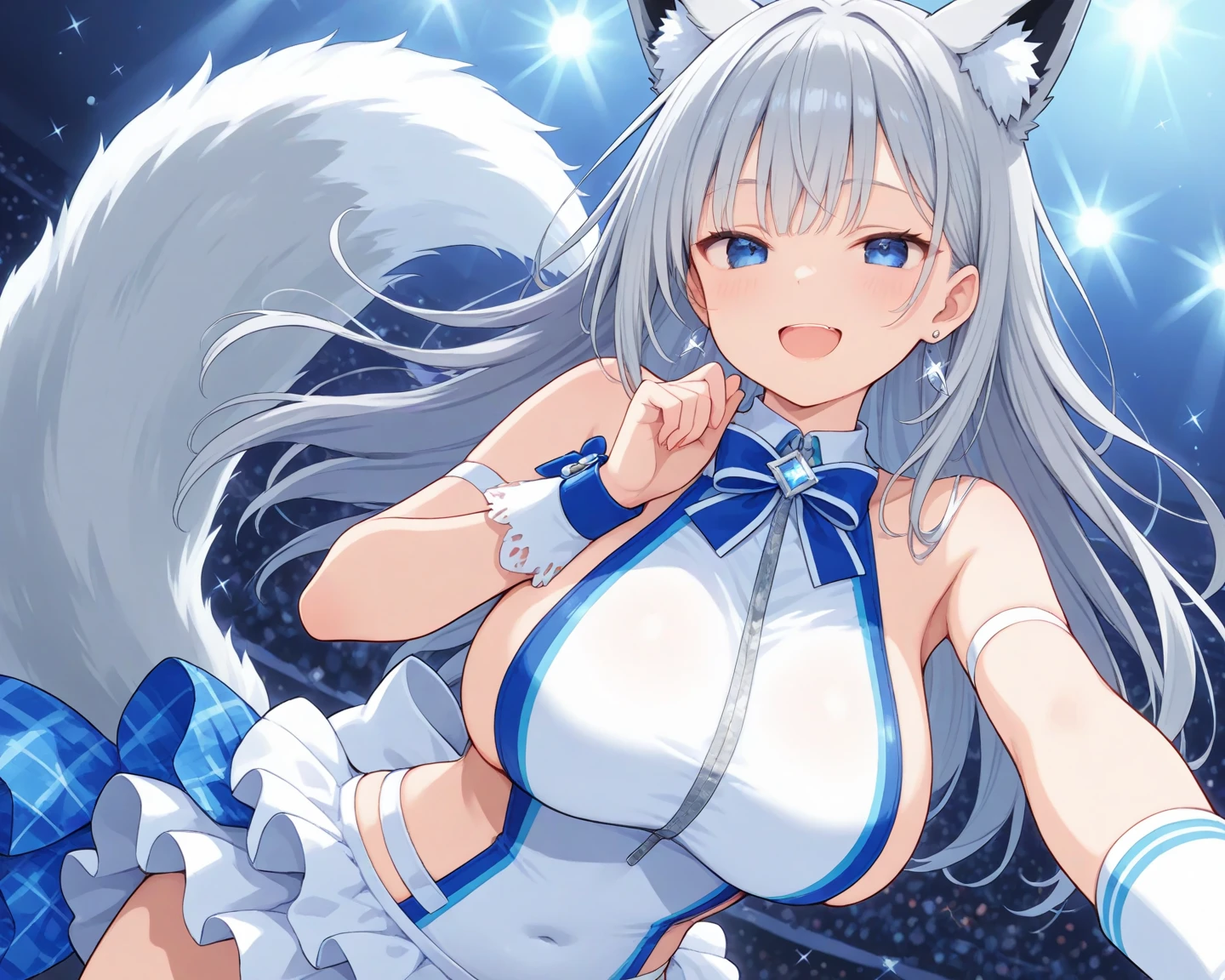 (masterpiece:1.3), (absurdres:1.3), (best quality:1.3), (ultra-detailed:1.3),(best shadow:0.7), (handled hair), pureerosface_v1, perfect anatomy, 1girl, solo, large breasts, cleavage, virtual youtuber, yukihana lamy, pointy ears, long hair, heart ahoge, hair flower,blue bow, blue bowtie, print skirt, sleeves past wrists, clothing cutout, blue skirt,zettai ryouiki,snowfield,snowflakes, gradient hair, gradient eyes, shiny skin, shiny hair, sleeveless